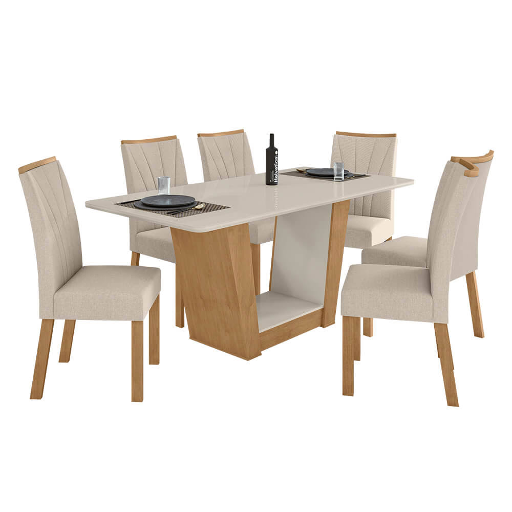 Conjunto de Mesa Lopas Apogeu 170x90cm com 6 Cadeiras Apogeu - Amêndoa/Bege